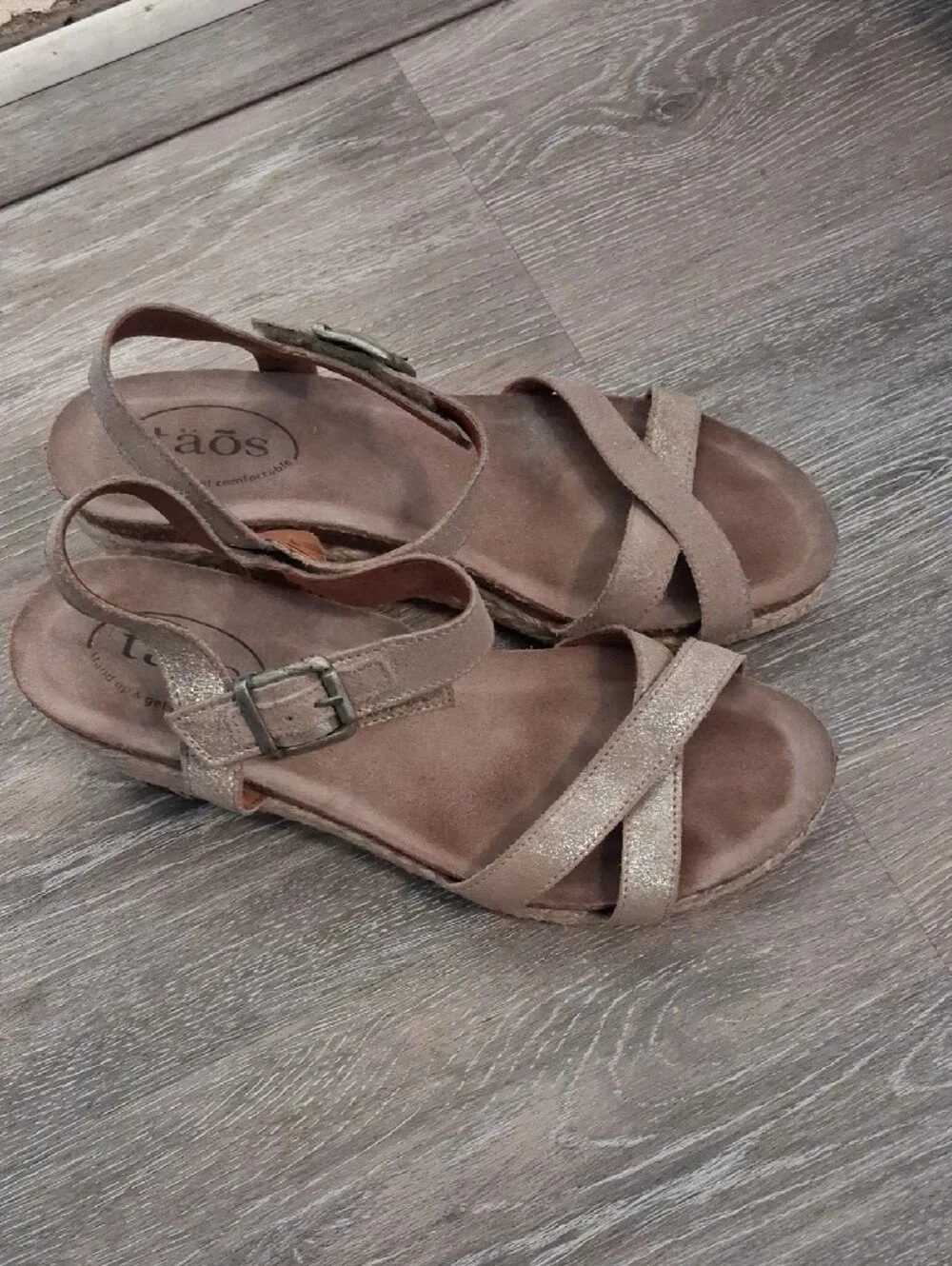 Taos Footwear Taupe Glitter Suede Wedge Sandals